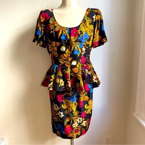 Vintage 80s Nipon Boutique Silk Peplum Top 14  + Skirt 12 Set Floral Hong Kong